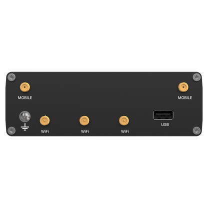 Black rectangular teltonika rutc4100aa00 4g edge router back with gold mobile wifi and usb connectors