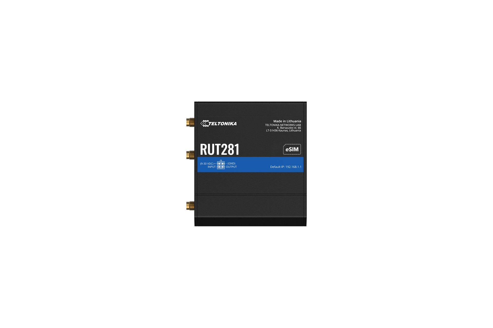 Black teltonika rut281 compact global lte cat 4 router module with gold connectors and blue label for esim and sim use