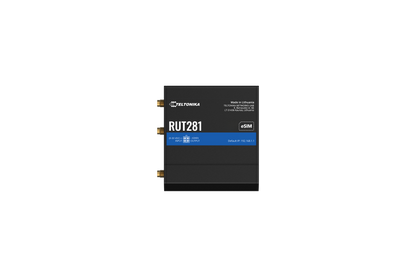 Black teltonika rut281 compact global lte cat 4 router module with gold connectors and blue label for esim and sim use