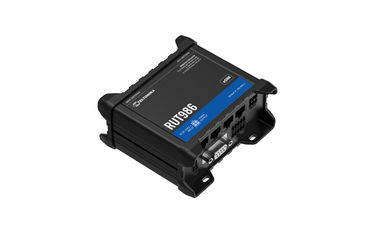 Black Teltonika RUT986 industrial global LTE cat 4 router with blue label and multiple Ethernet ports on back side