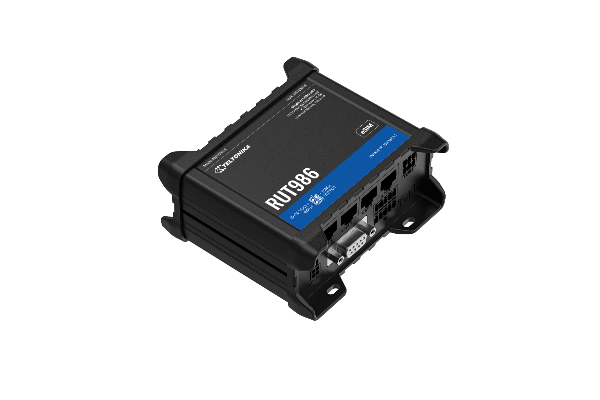 Black Teltonika RUT986 industrial global LTE cat 4 router with blue label and multiple Ethernet ports on back side