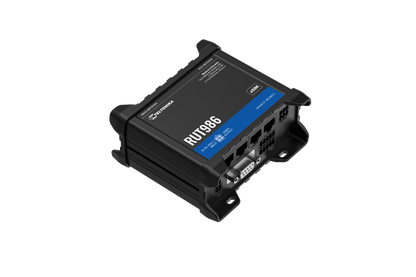 Black Teltonika RUT986 industrial global LTE cat 4 router with blue label and multiple Ethernet ports on back side