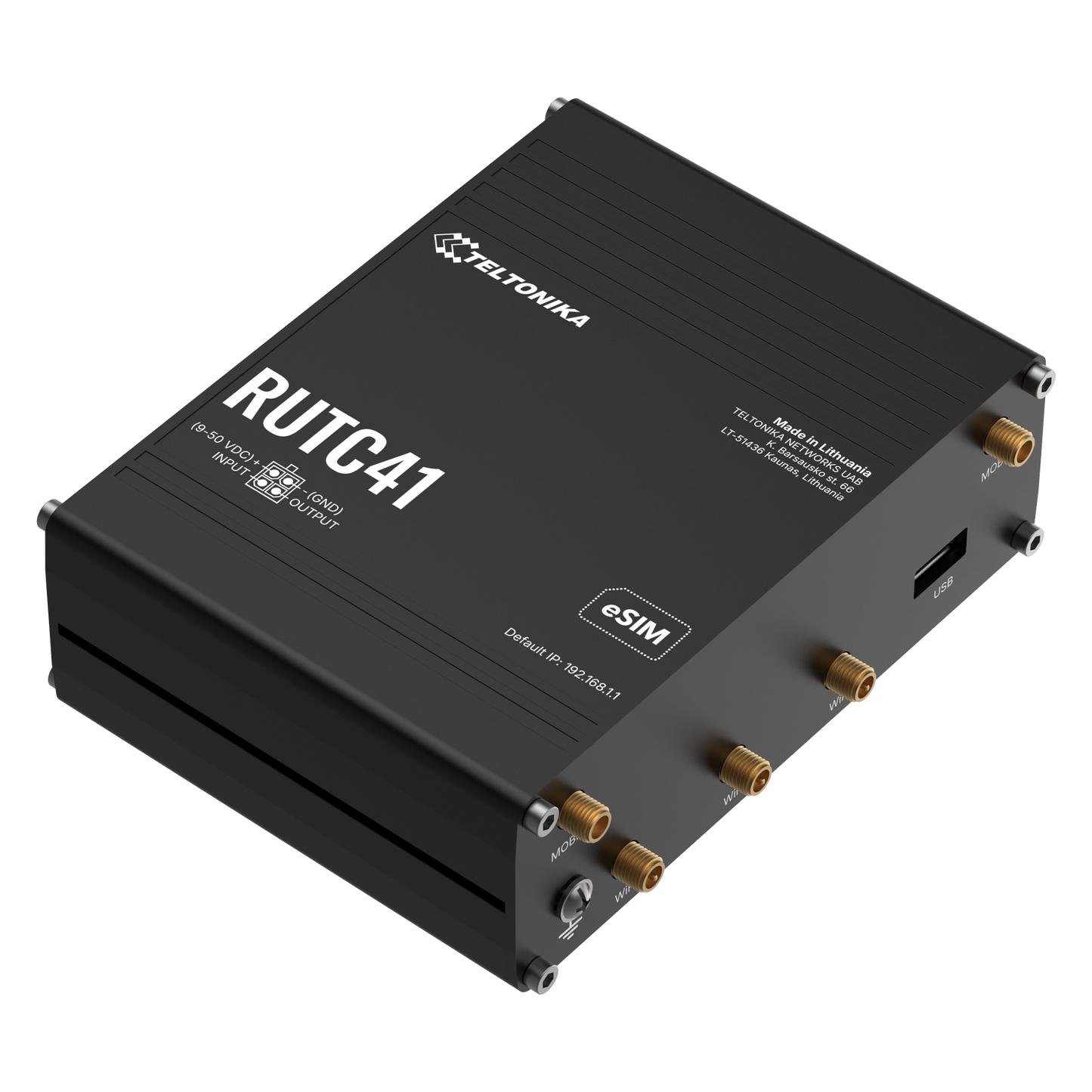 Black teltonika rutc41 4g edge router with gold antenna connectors and usb port for wifi 6 and esim connectivity