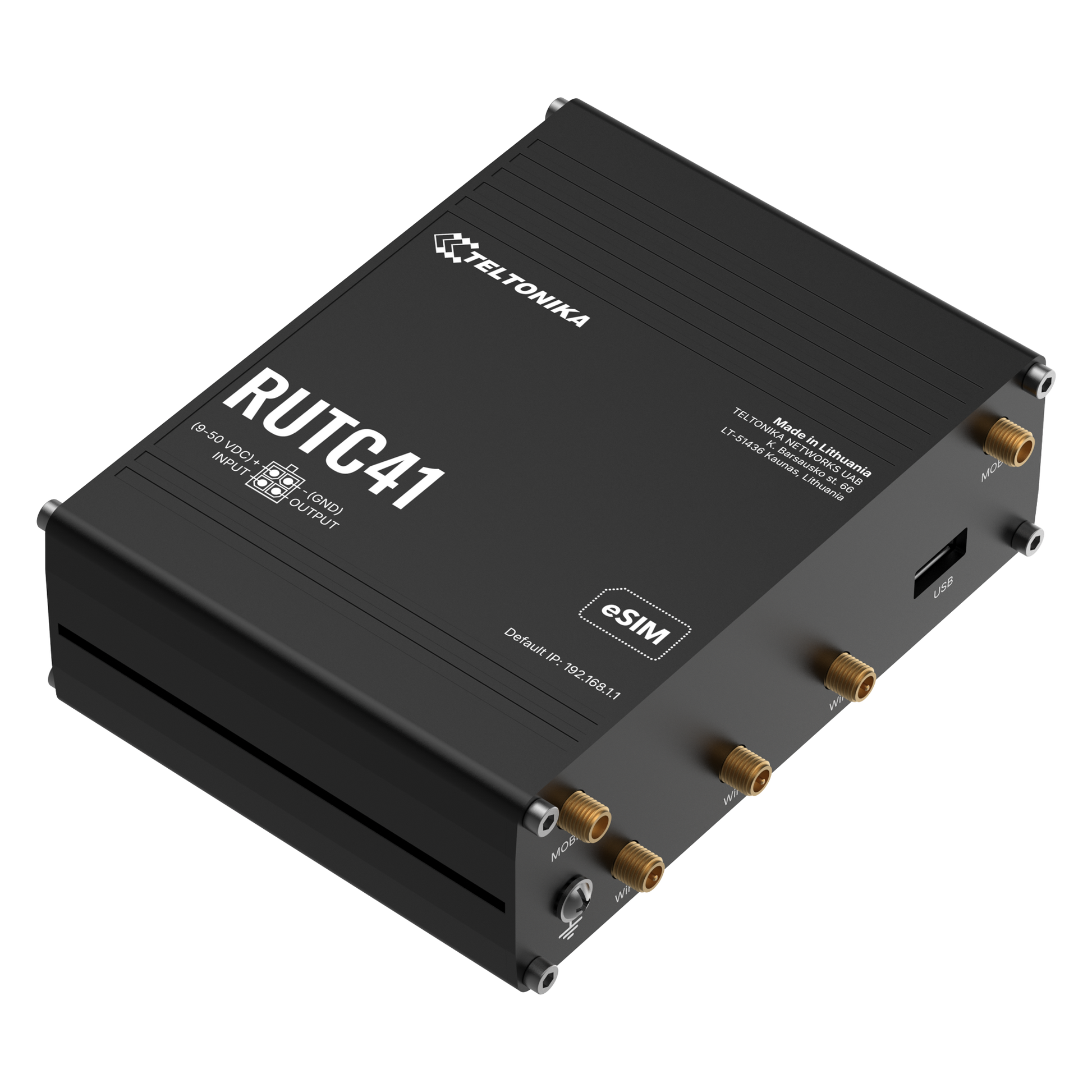 Black teltonika rutc41 4g edge router with gold antenna connectors and usb port for wifi 6 and esim connectivity