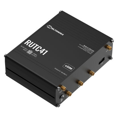Black teltonika rutc41 4g edge router with gold antenna connectors and usb port for wifi 6 and esim connectivity