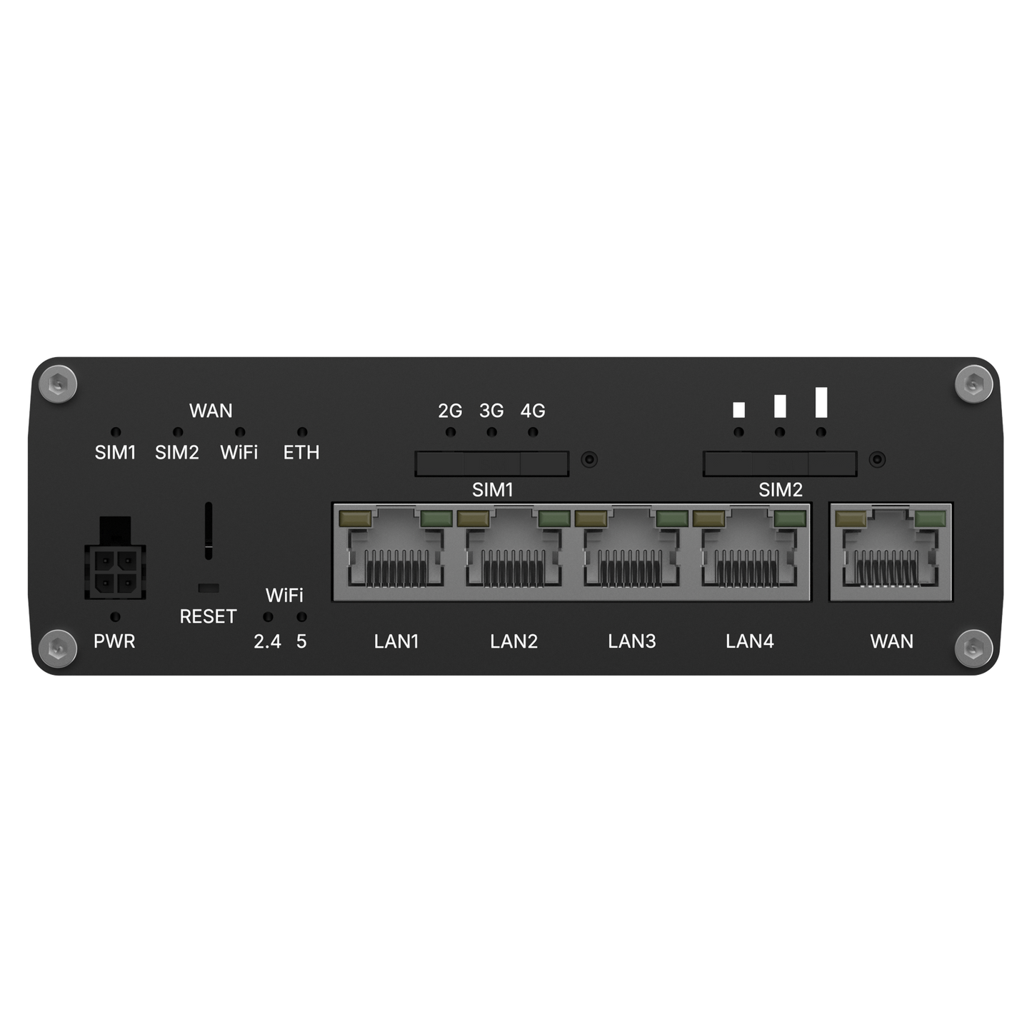 Black teltonika rutc4100aa00 4g edge router back with ethernet ports sim card slots led indicators and wifi 6