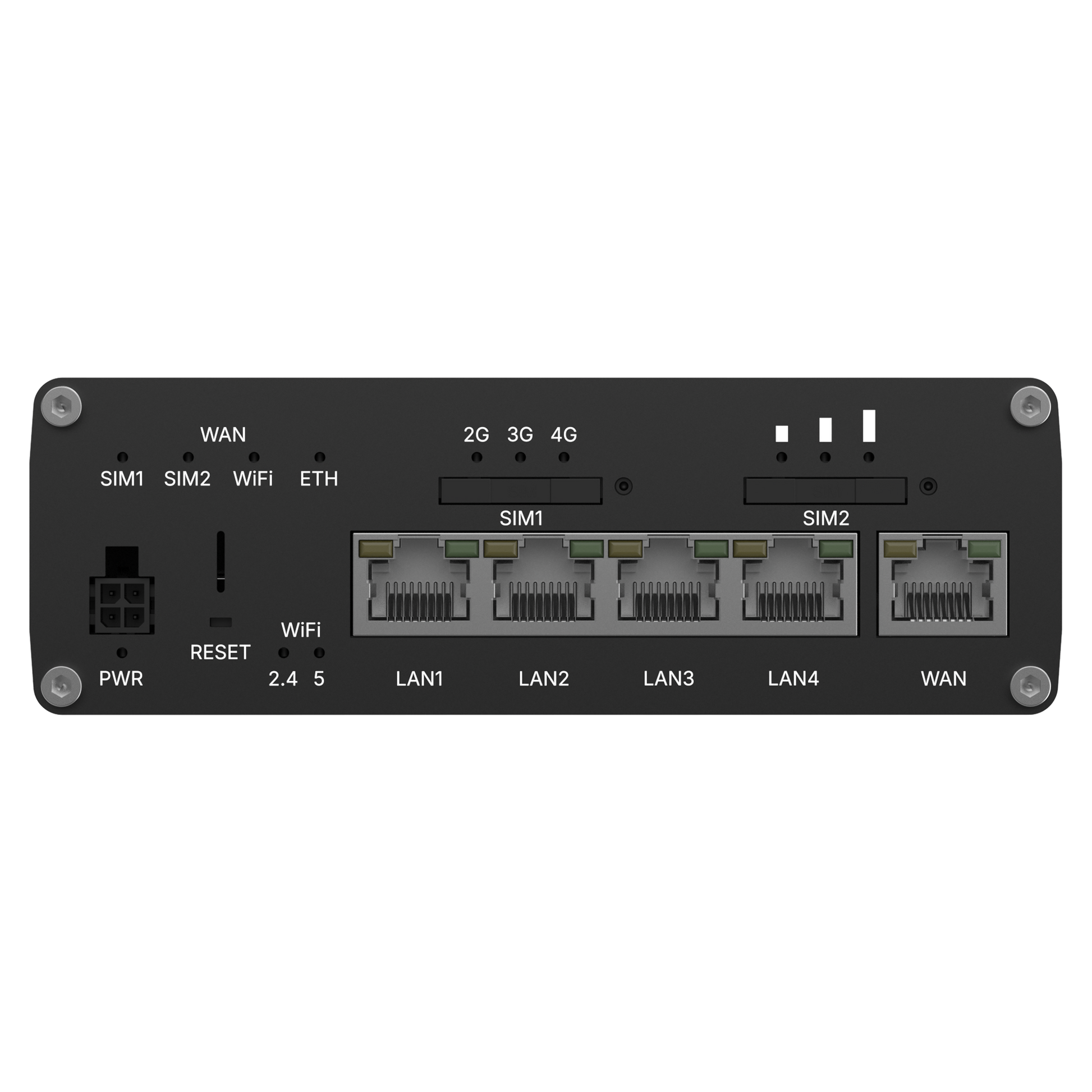 Black teltonika rutc4100aa00 4g edge router back with ethernet ports sim card slots led indicators and wifi 6