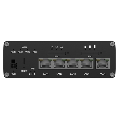 Black teltonika rutc4100aa00 4g edge router back with ethernet ports sim card slots led indicators and wifi 6