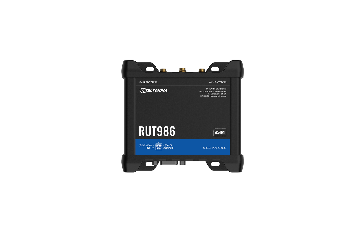 Black teltonika rut986 industrial global lte cat 4 router with blue label and gold antenna connectors front view