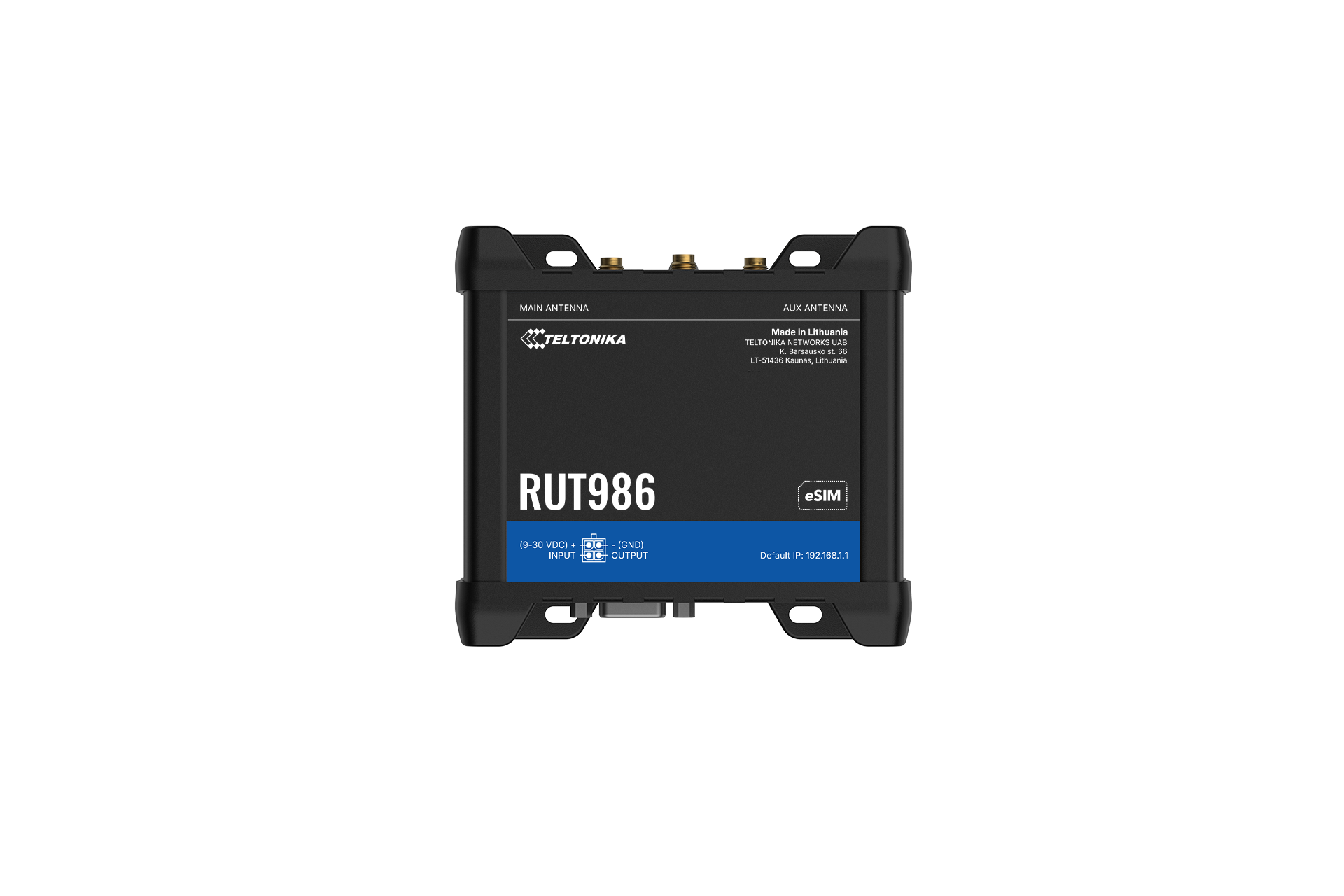 Black teltonika rut986 industrial global lte cat 4 router with blue label and gold antenna connectors front view