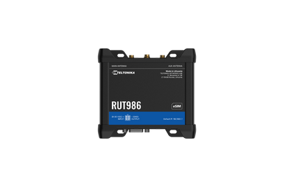 Black teltonika rut986 industrial global lte cat 4 router with blue label and gold antenna connectors front view