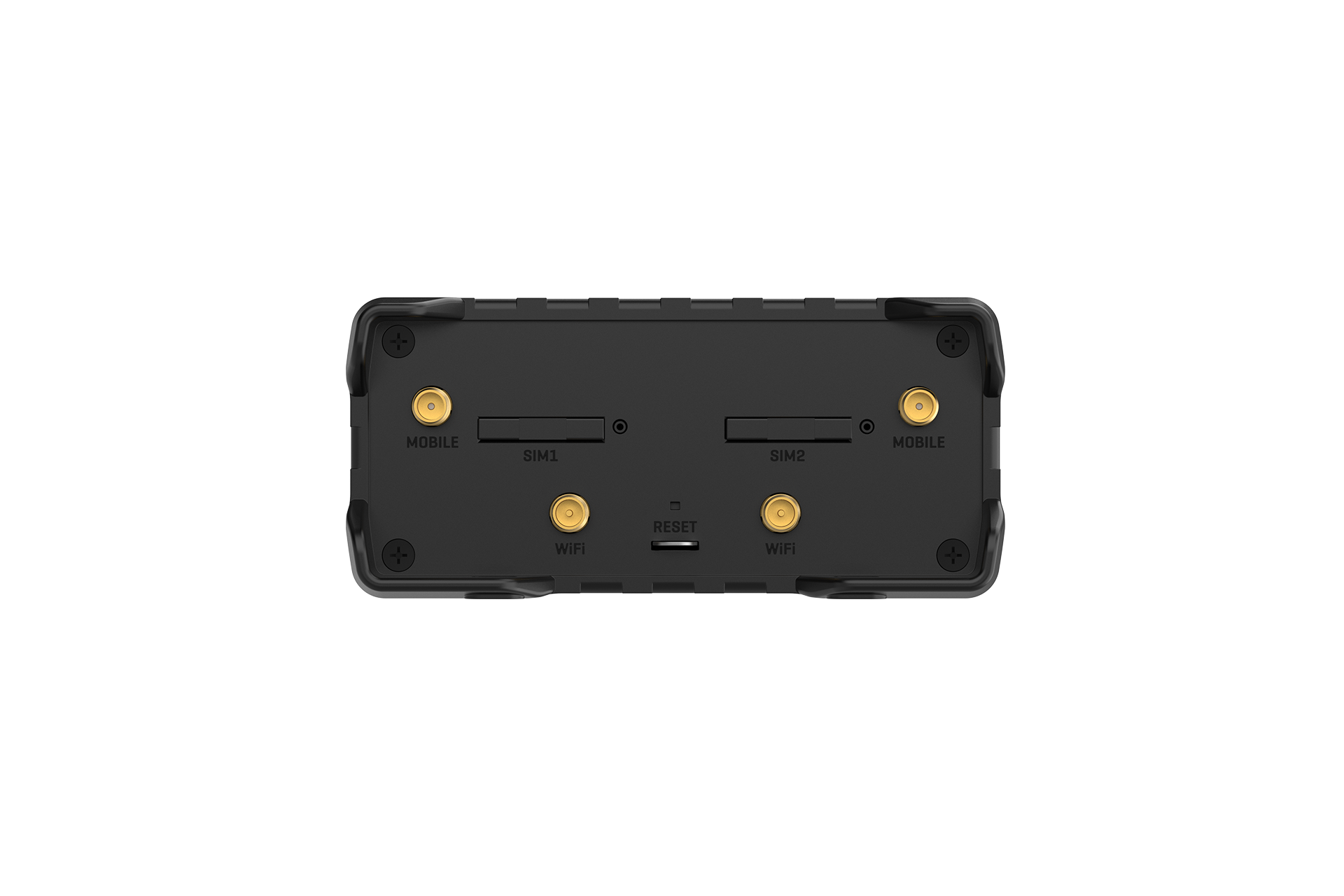 Black rectangular teltonika rut981 4g lte router back side with gold antenna connectors and labeled sim and wi-fi ports