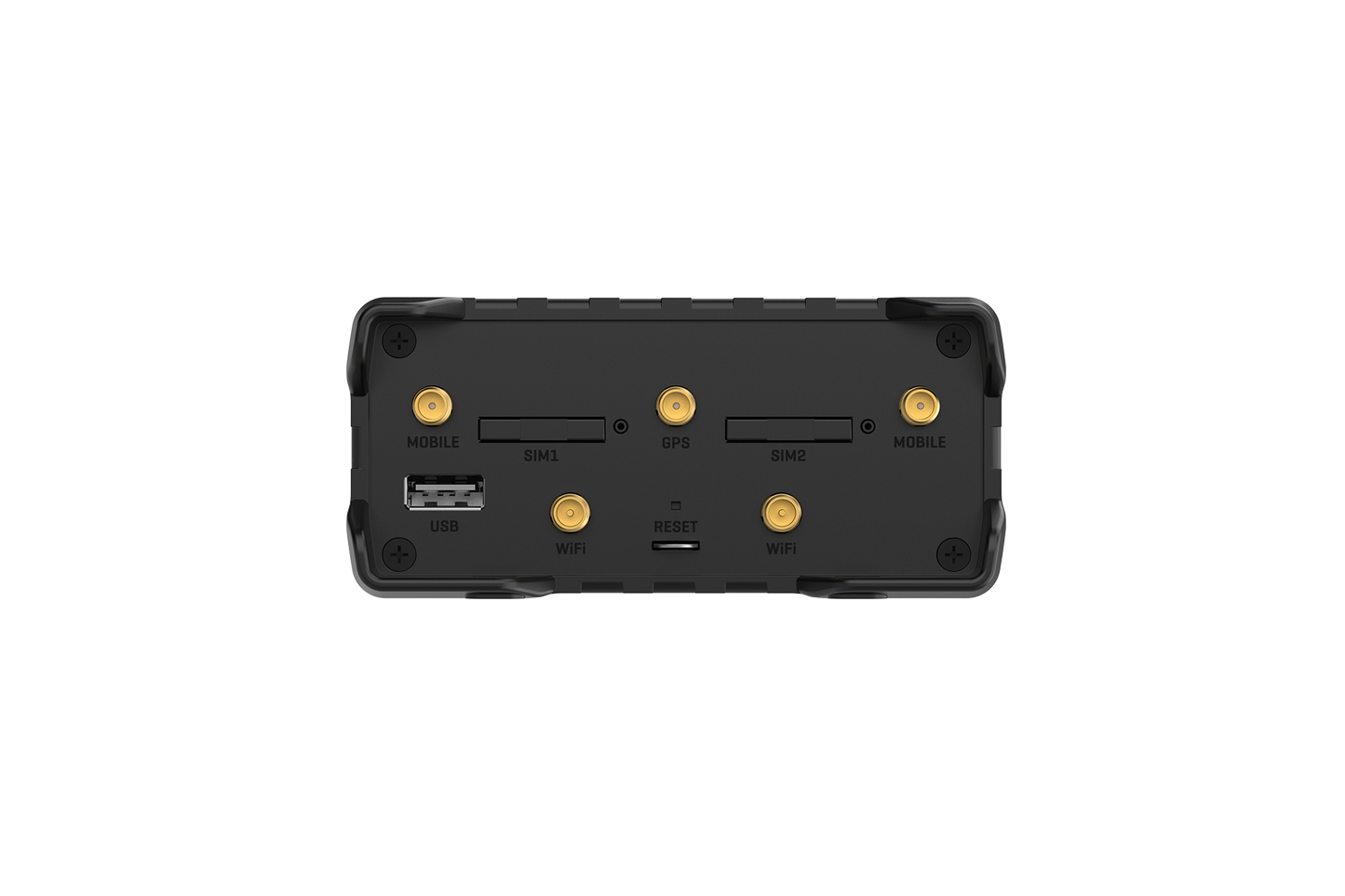 Black rugged teltonika rut986 industrial lte cat 4 router backside with gold antenna connectors and labeled sim usb wifi ports