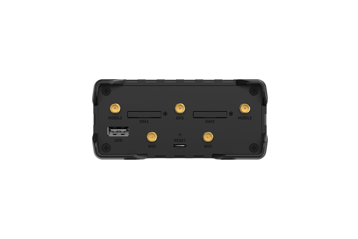 Black rugged teltonika rut986 industrial lte cat 4 router backside with gold antenna connectors and labeled sim usb wifi ports