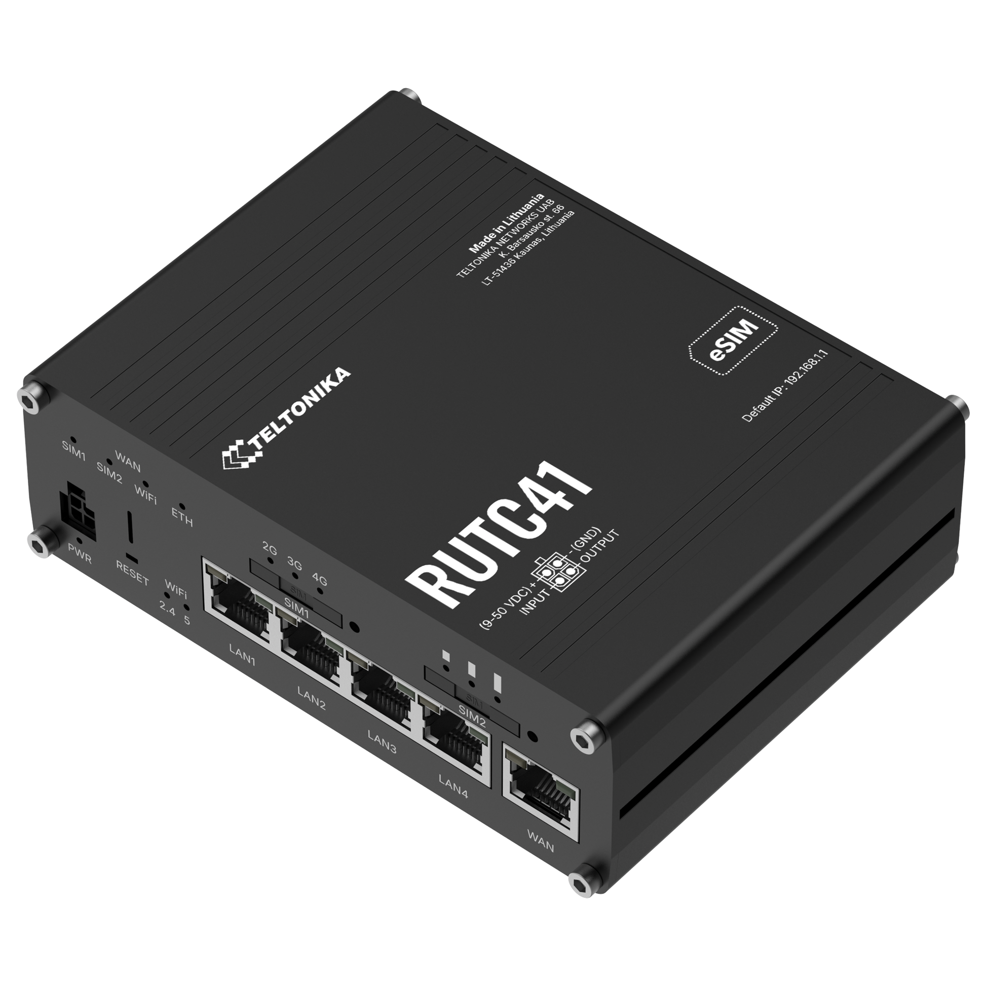 Back view of a black teltonika rutc4100aa00 4g edge router with wifi 6 dual-core 1gb ram ethernet ports and sim card slots