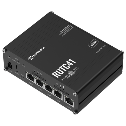 Back view of a black teltonika rutc4100aa00 4g edge router with wifi 6 dual-core 1gb ram ethernet ports and sim card slots