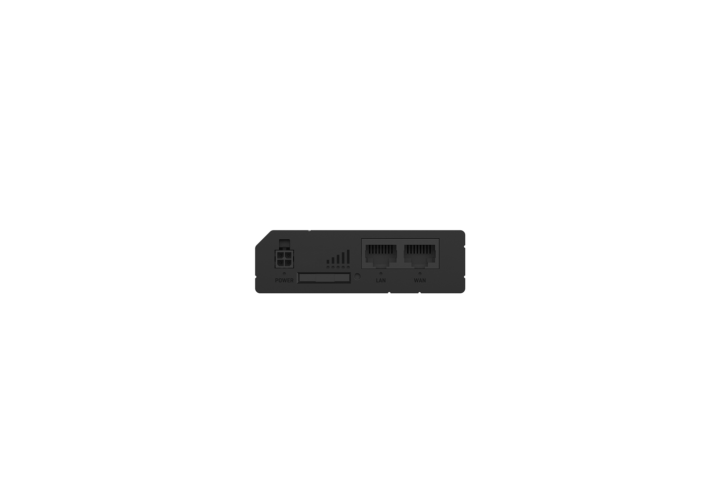 Black rectangular Teltonika RUT281 compact global LTE cat 4 router back with two ethernet ports usb port and sd card slot