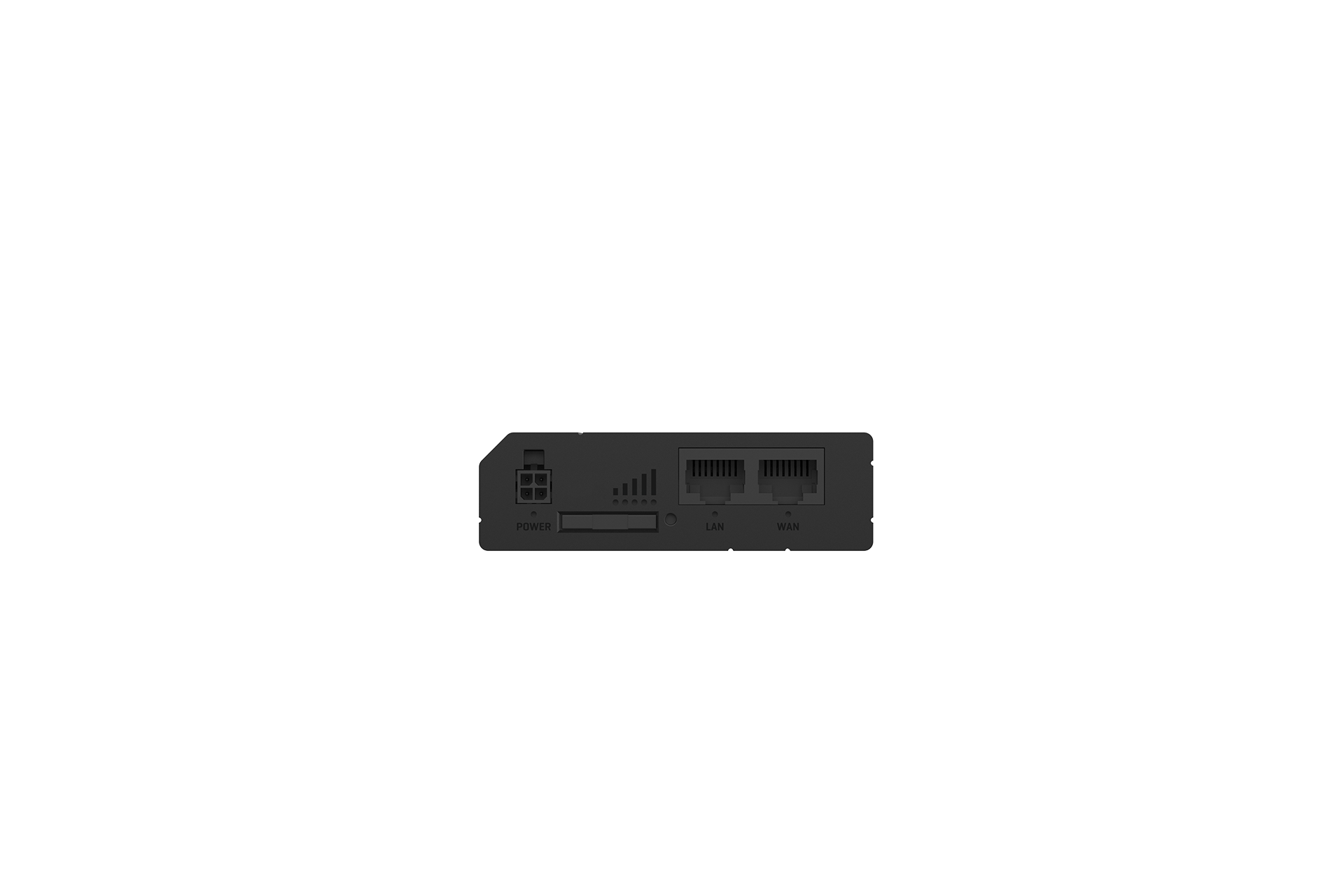 Black rectangular Teltonika RUT281 compact global LTE cat 4 router back with two ethernet ports usb port and sd card slot