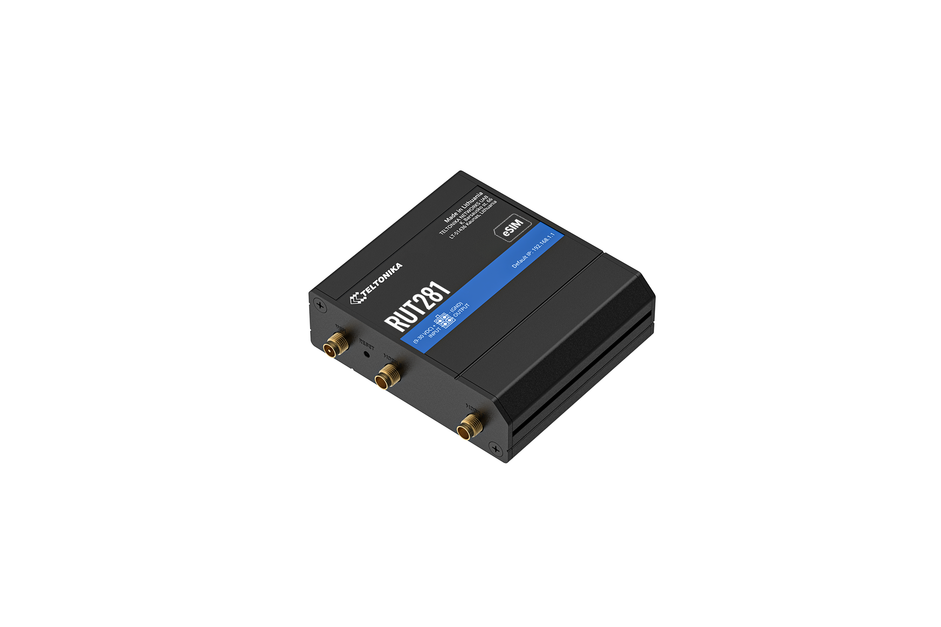 Black rectangular teltonika rut281 compact global lte cat 4 m2m router with blue label and gold antenna connectors