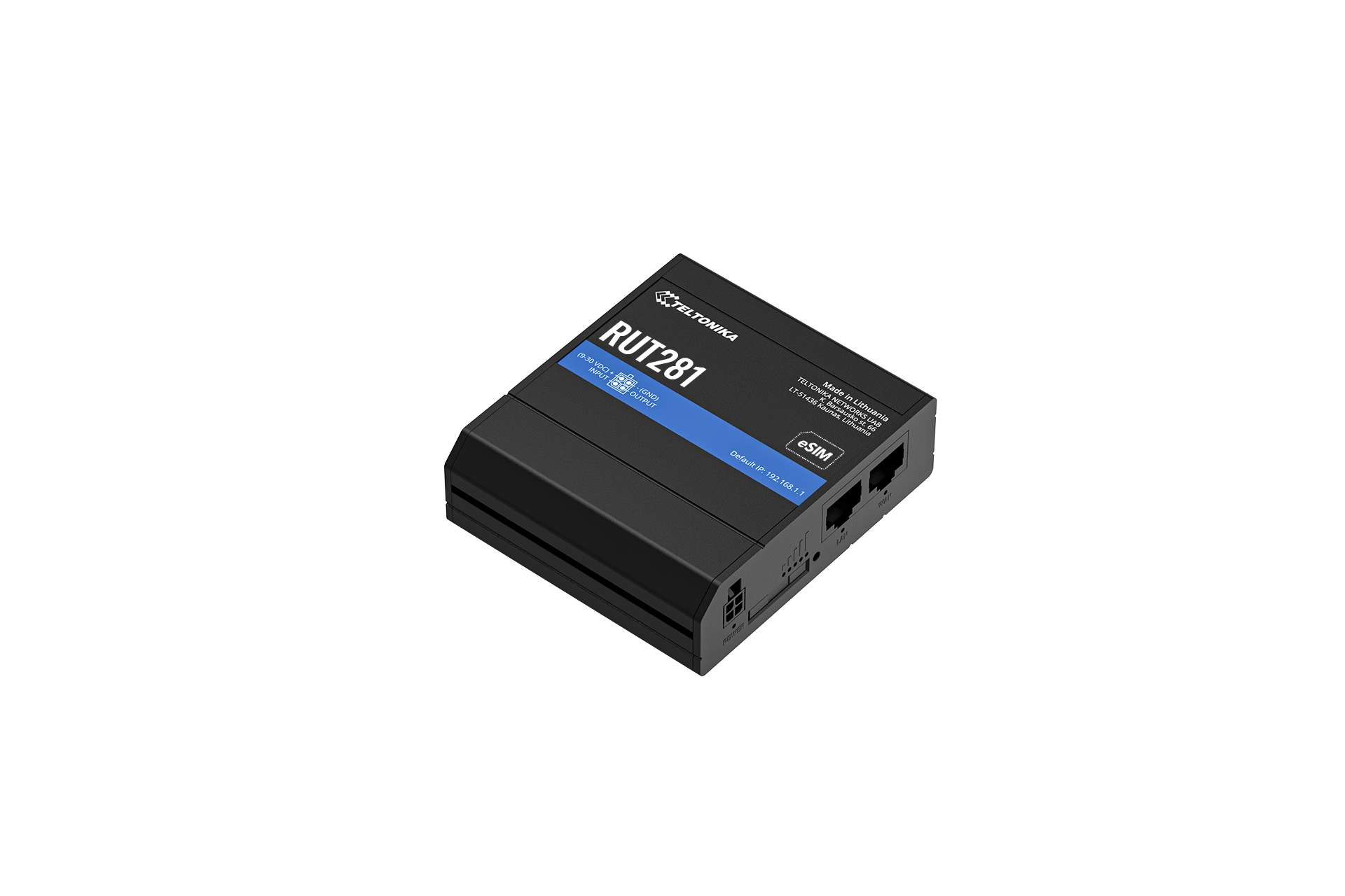 Black rectangular teltonika rut281 compact global lte cat 4 router with blue label and ethernet ports visible on back side