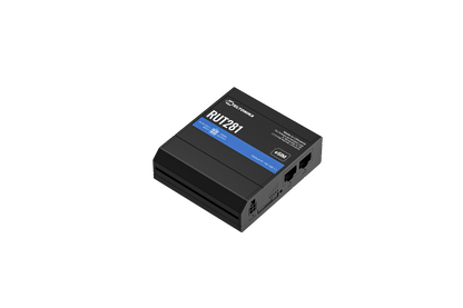Black rectangular teltonika rut281 compact global lte cat 4 router with blue label and ethernet ports visible on back side