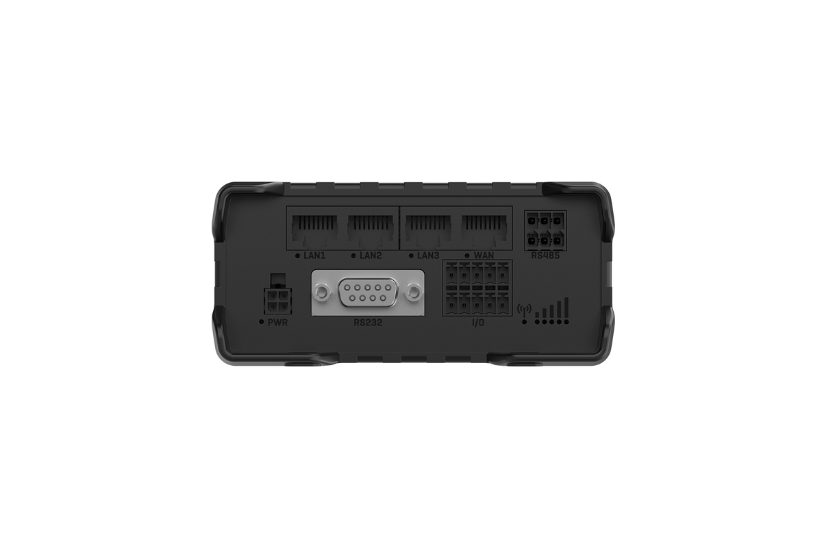 Black teltonika rut986 industrial global lte cat 4 router back side with multiple ethernet ports dual sim and esim