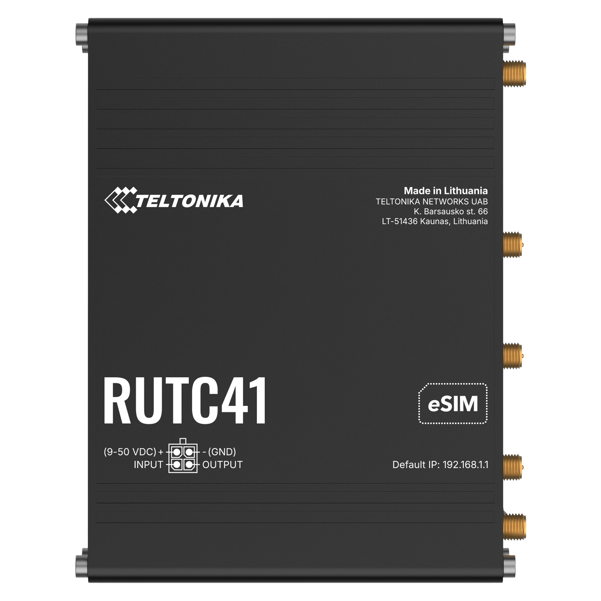 Black teltonika rutc41 4g esim router with gold coaxial connectors and white labeling showing back side details
