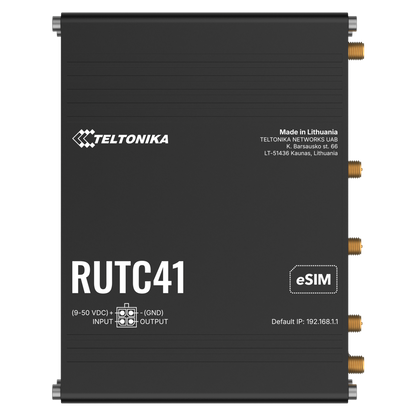Black teltonika rutc41 4g esim router with gold coaxial connectors and white labeling showing back side details