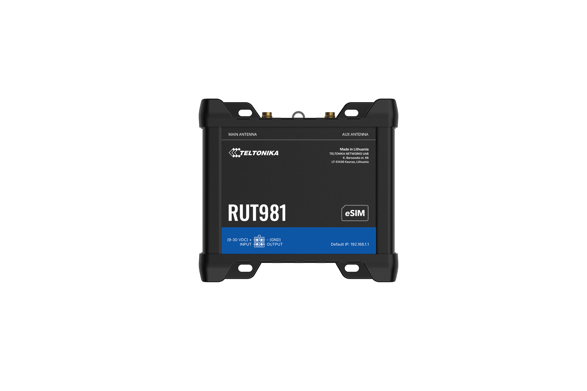 Teltonika rut981 black 4g lte router with blue accent stripe and gold antenna connectors for global dual sim use