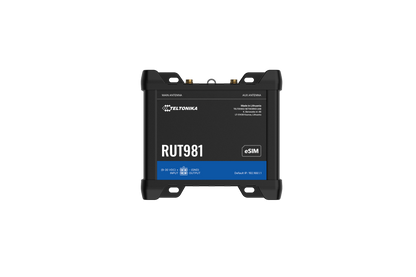 Teltonika rut981 black 4g lte router with blue accent stripe and gold antenna connectors for global dual sim use