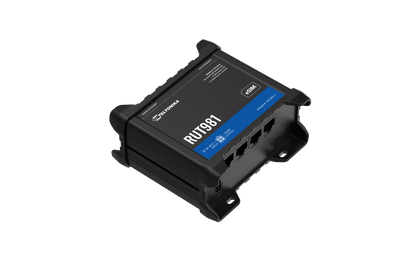 Black teltonika rut981 4g lte router with blue label and multiple ethernet ports shown from the back side