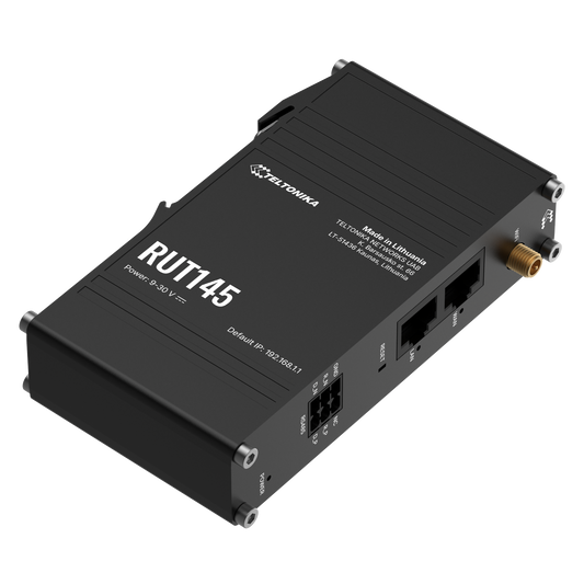 Black Teltonika RUT145 industrial router with matte finish, Ethernet ports, antenna connector