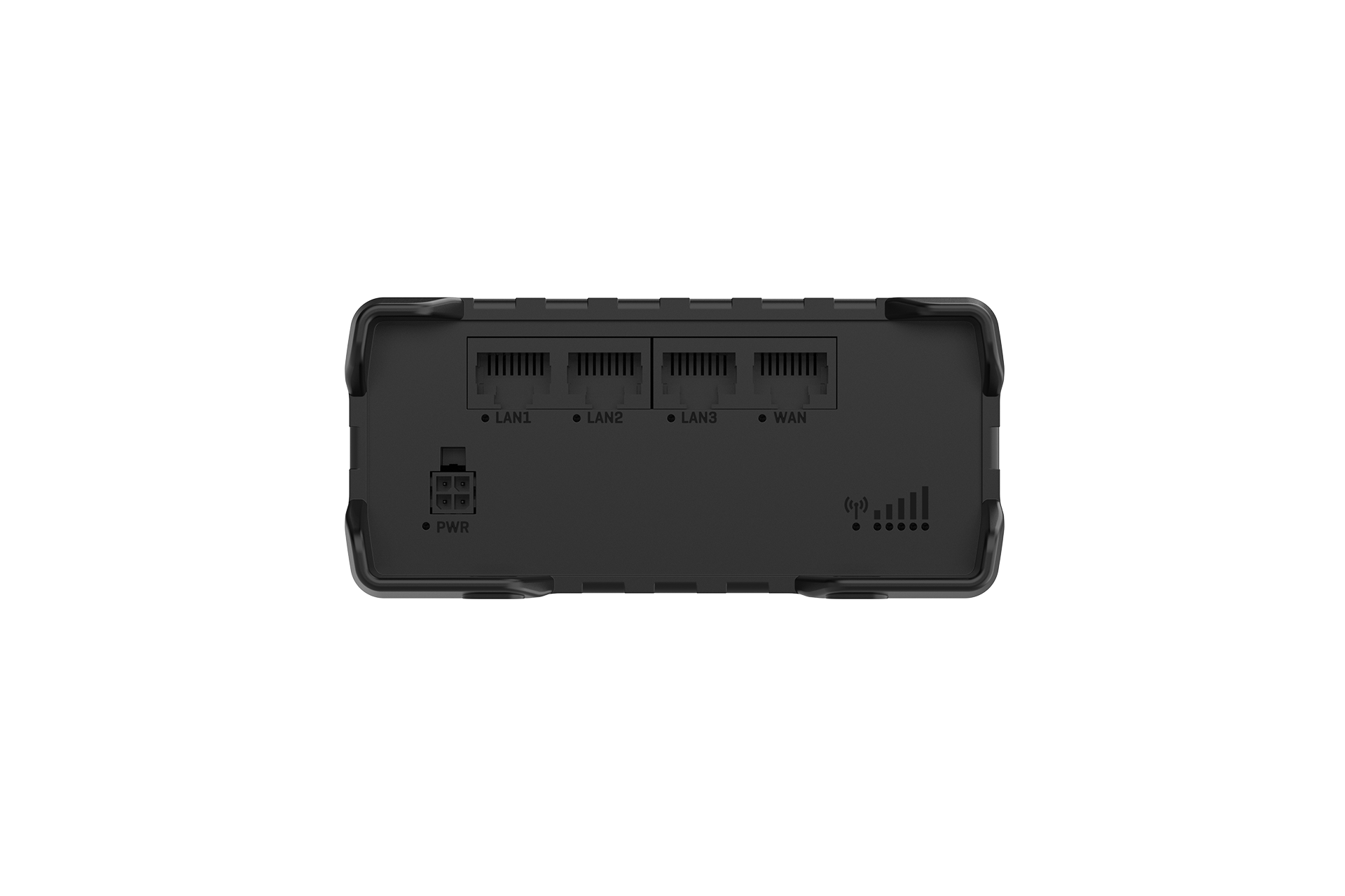 Back side of black rectangular teltonika rut981 global 4g lte router with four ethernet ports and power input port