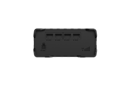 Back side of black rectangular teltonika rut981 global 4g lte router with four ethernet ports and power input port