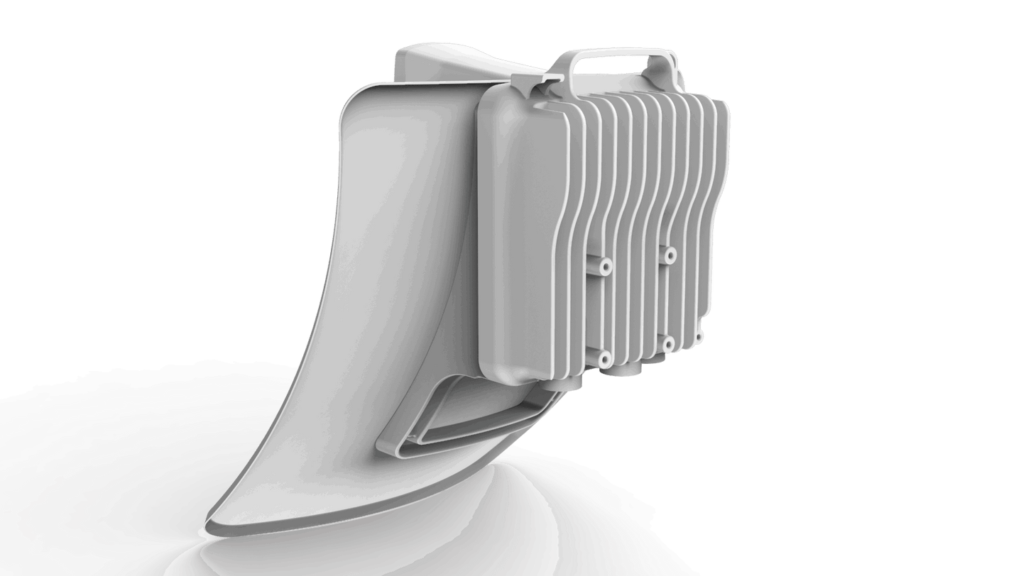 White plastic motorcycle radiator with vertical fins and brackets