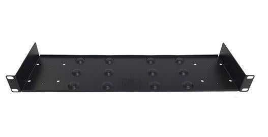 Black metal OPENGEAR 590033 ACM series 19-inch rack mount tray with circular mounting holes and angled side brackets