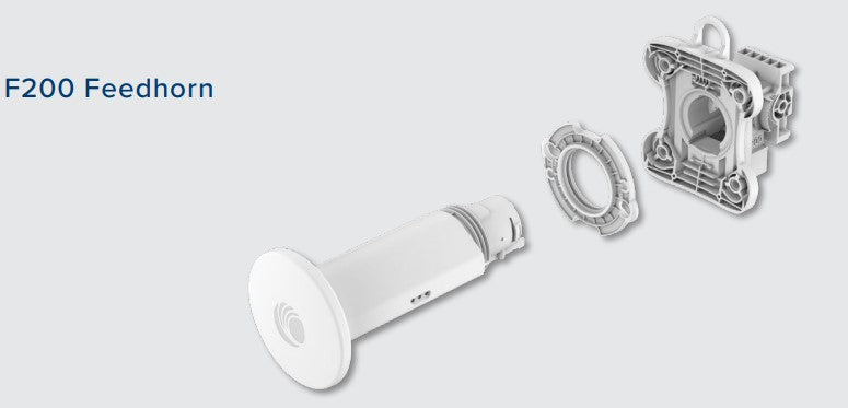 White f200 feedhorn with cylindrical body and circular flange made of molded plastic for cambium networks force 200 dish