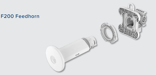 White f200 feedhorn with cylindrical body and circular flange made of molded plastic for cambium networks force 200 dish
