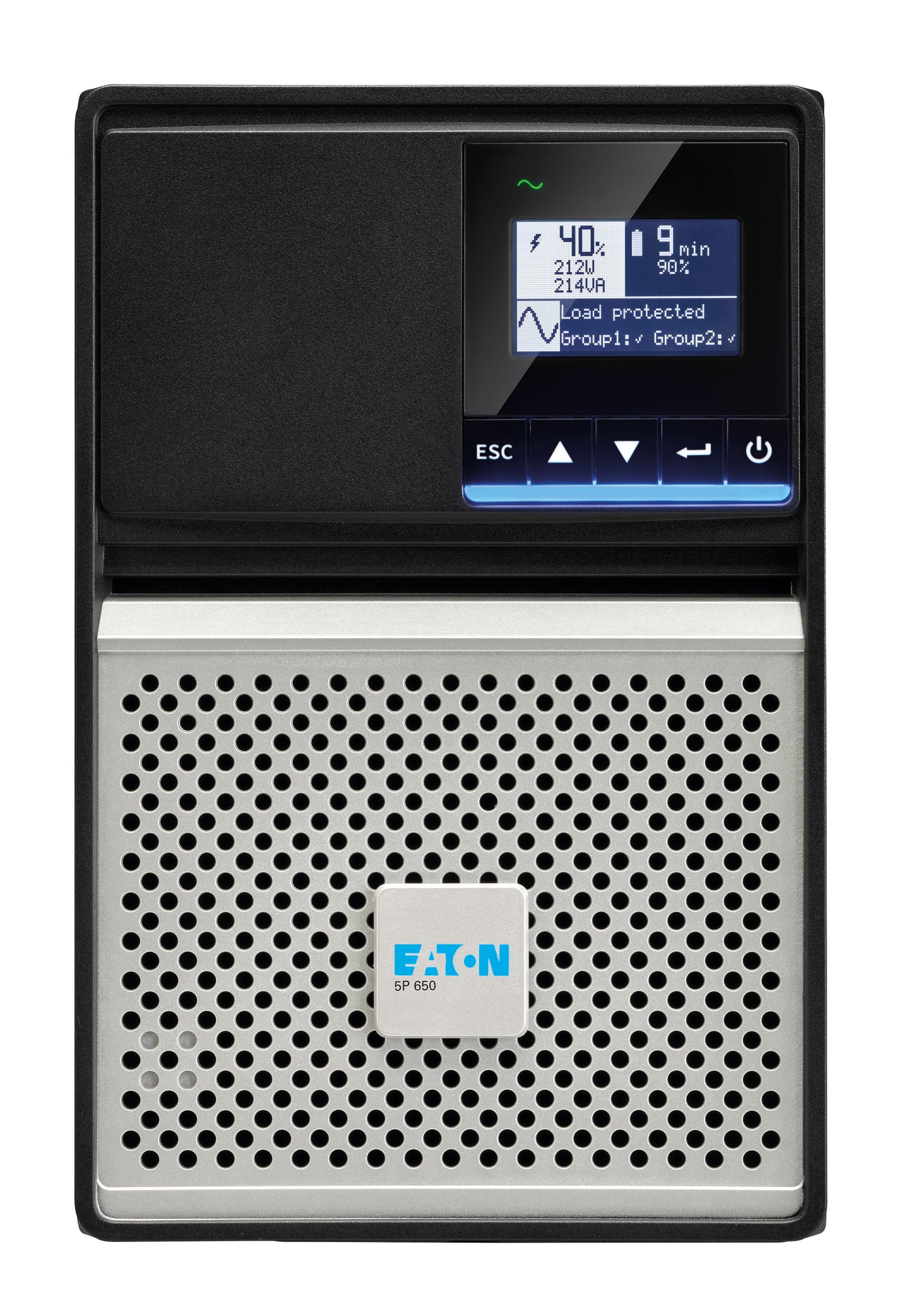 Eaton 5P650AUG2 black silver UPS with digital voltage battery display