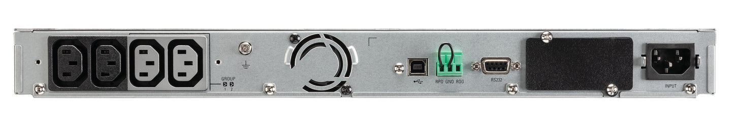 Eaton 5P650IRAUG2 1U rackmount UPS rear with silver server rack, power outlets, network ports, vent grille