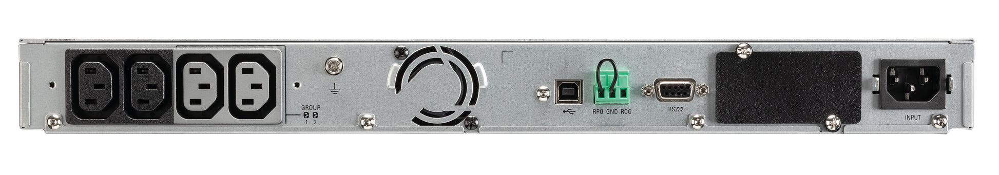 Eaton 5P650IRAUG2 1U rackmount UPS rear with silver server rack, power outlets, network ports, vent grille