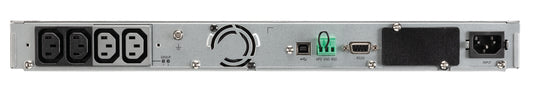 Eaton 5P650IRAUG2 1U rackmount UPS rear with silver server rack, power outlets, network ports, vent grille