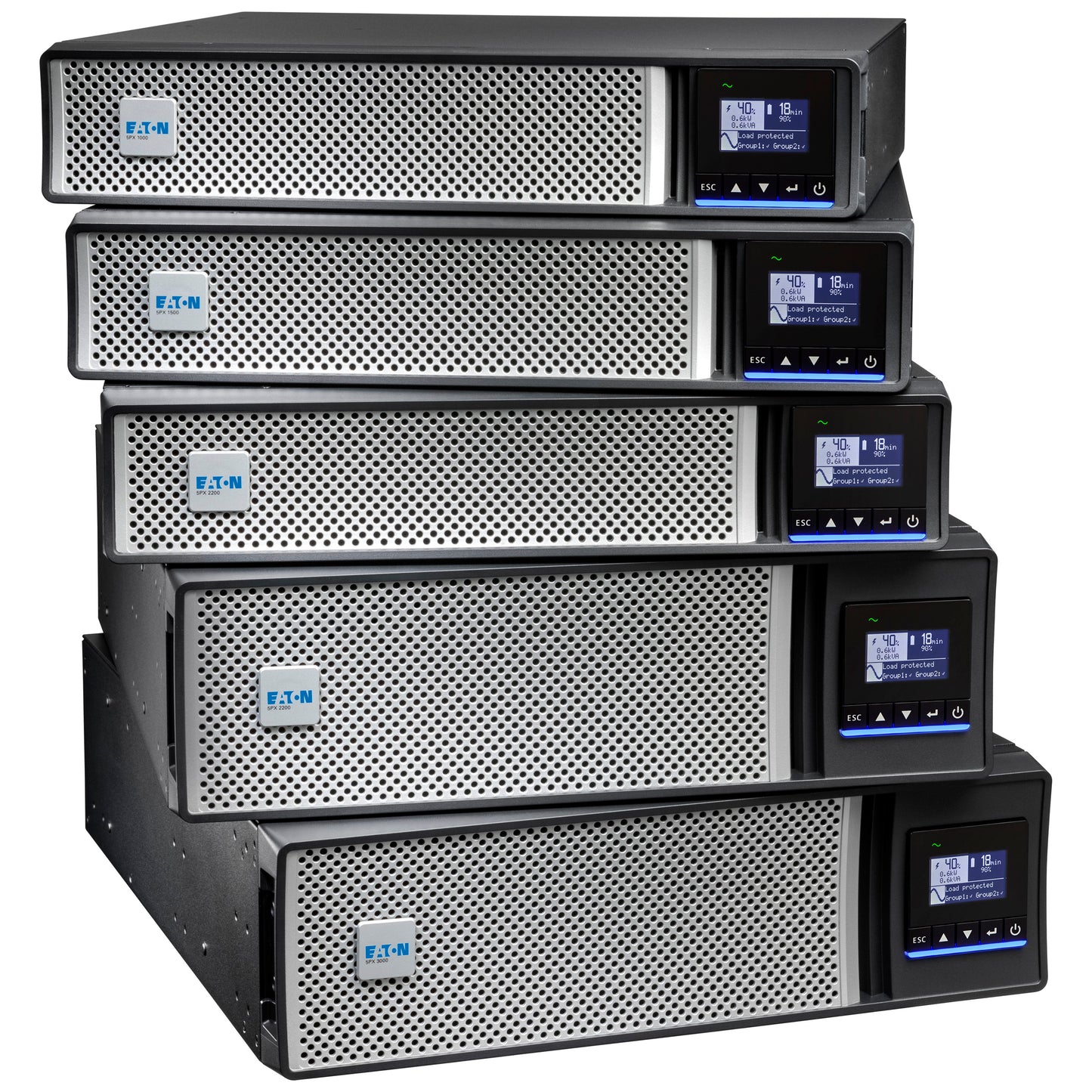 Stack of five Eaton 5PX2000IRT2UAUG2 UPS units, black silver rack/tower