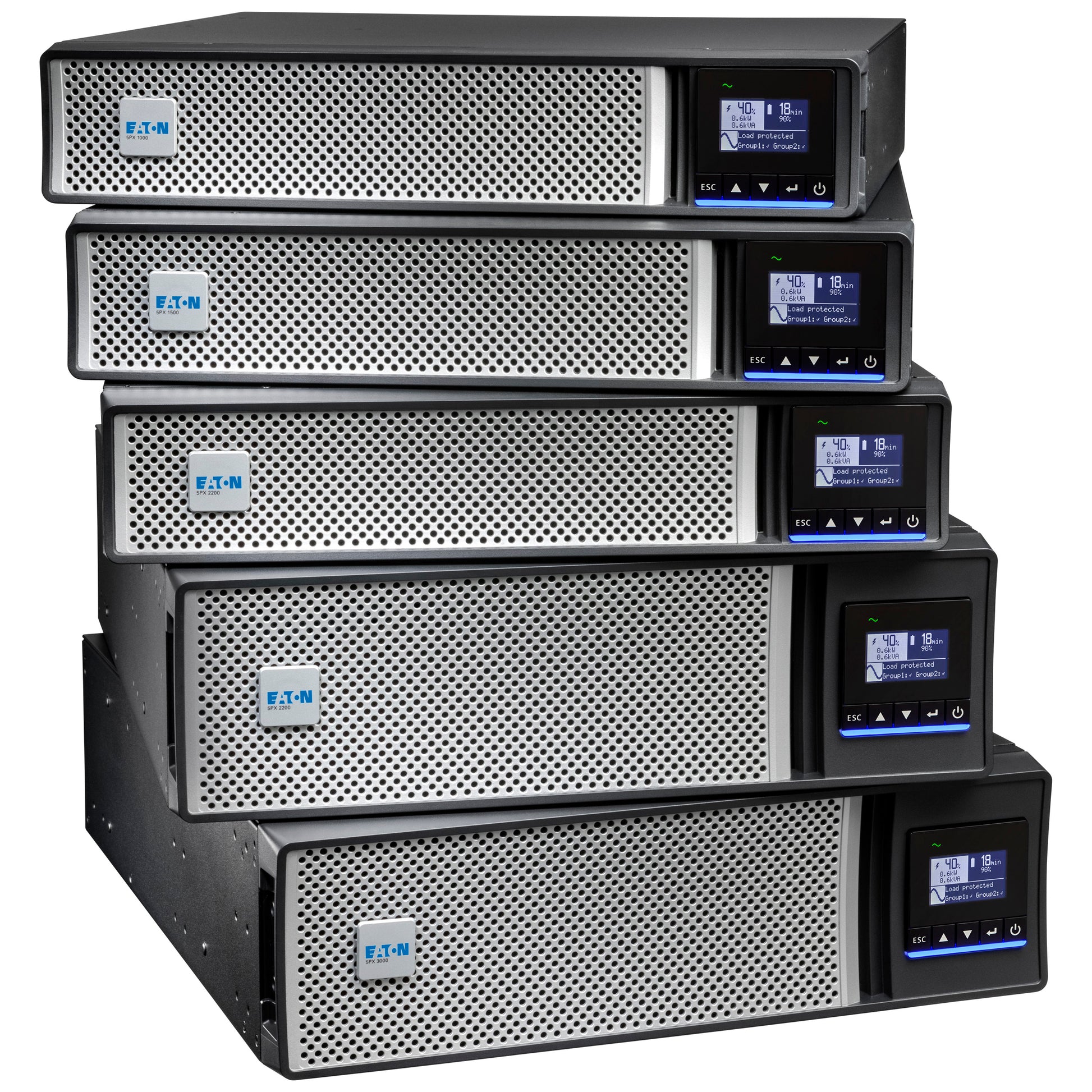 Stack of five Eaton 5PX2000IRT2UAUG2 UPS units, black silver rack/tower