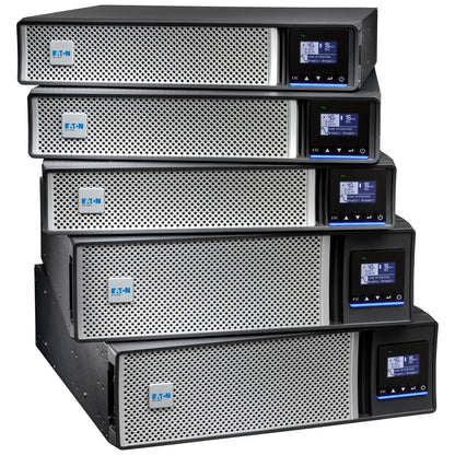 Stack of five Eaton 5PX2000IRT2UAUG2 UPS units, black silver rack/tower