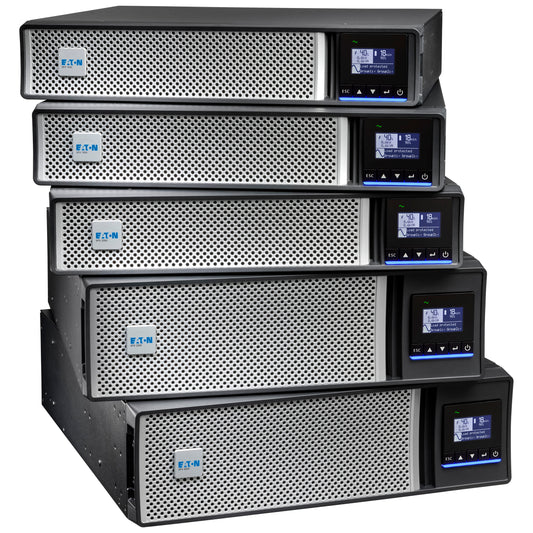 Stack of five Eaton 5PX2000IRT2UAUG2 UPS units, black silver rack/tower