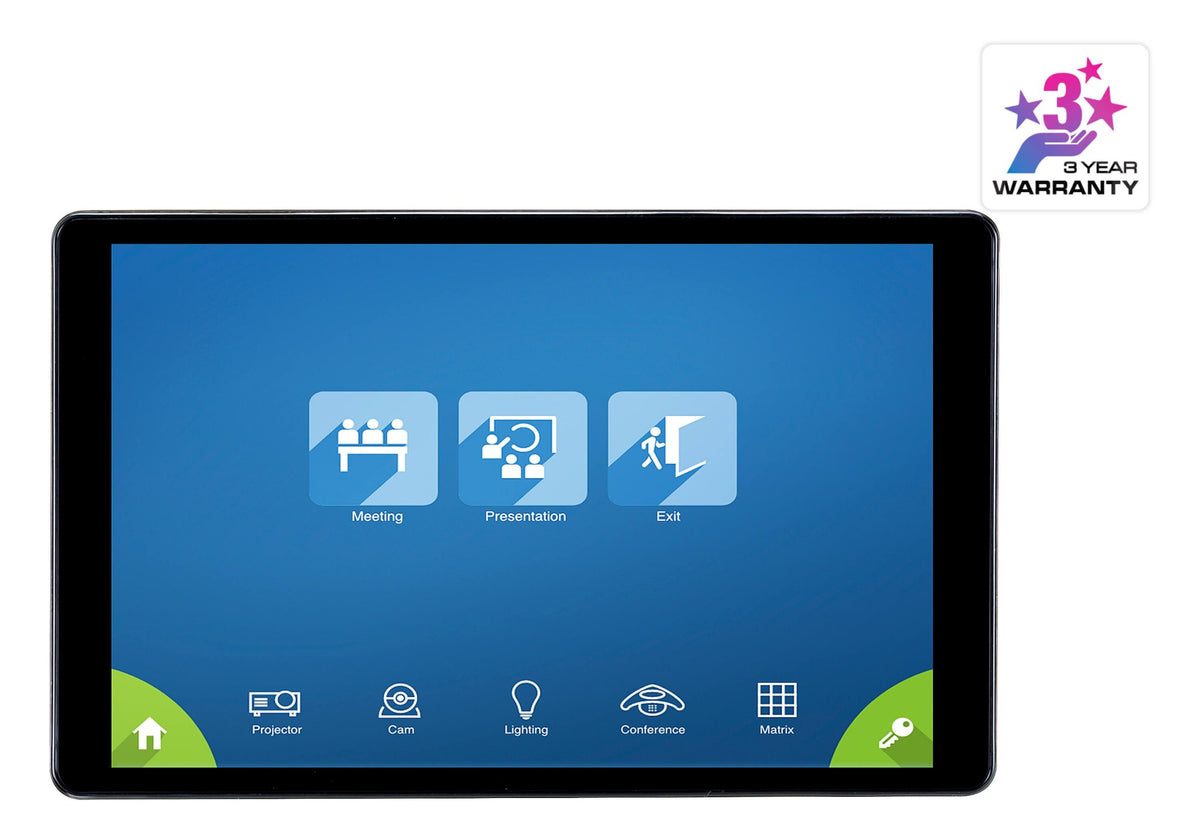 Black-framed aten vk320 8 inch ips touch panel with blue interface and white icons for control system functions