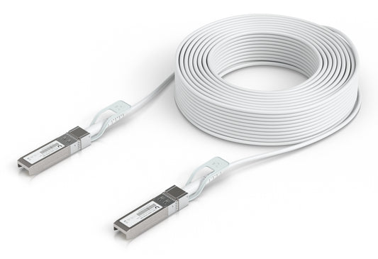 White ethernet cable with silver sfp plus connectors for ubiquiti uacc uplink sfp28 30m direct attach fiber cable