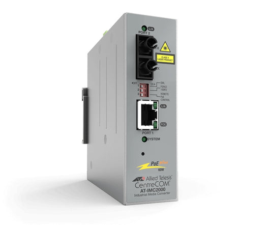 Gray metallic allied telesis imc2000 poe plus industrial media converter with black fiber ports ethernet port and yellow laser label