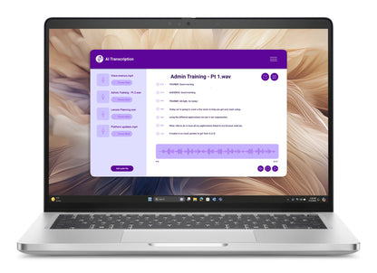Dell Pro 14 Plus laptop showing purple AI transcription interface